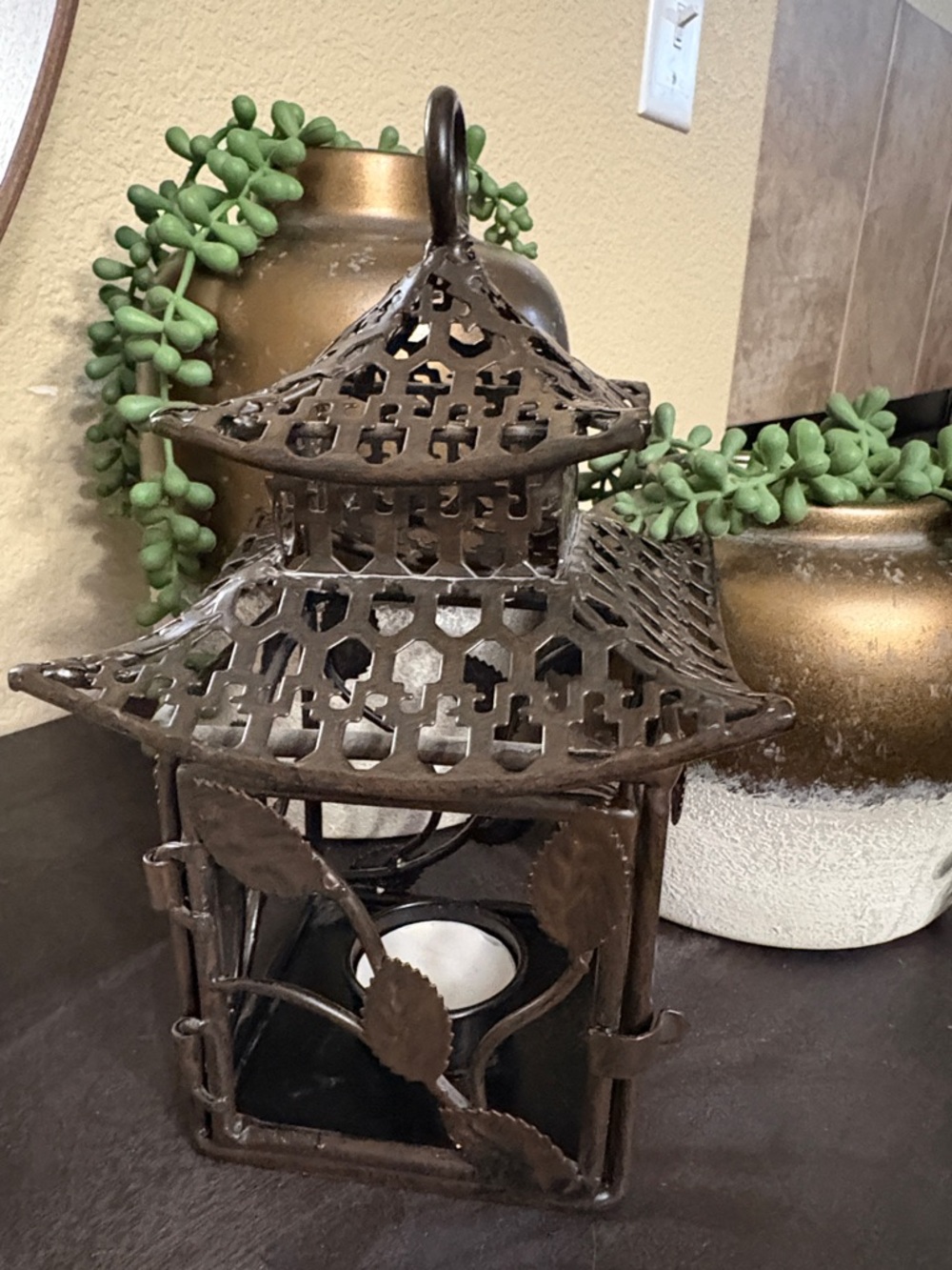 Rustic Brown Metal Pagoda Lantern - Home Accents